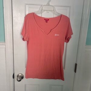Coral-pink ribbed GUESS short-sleeve top